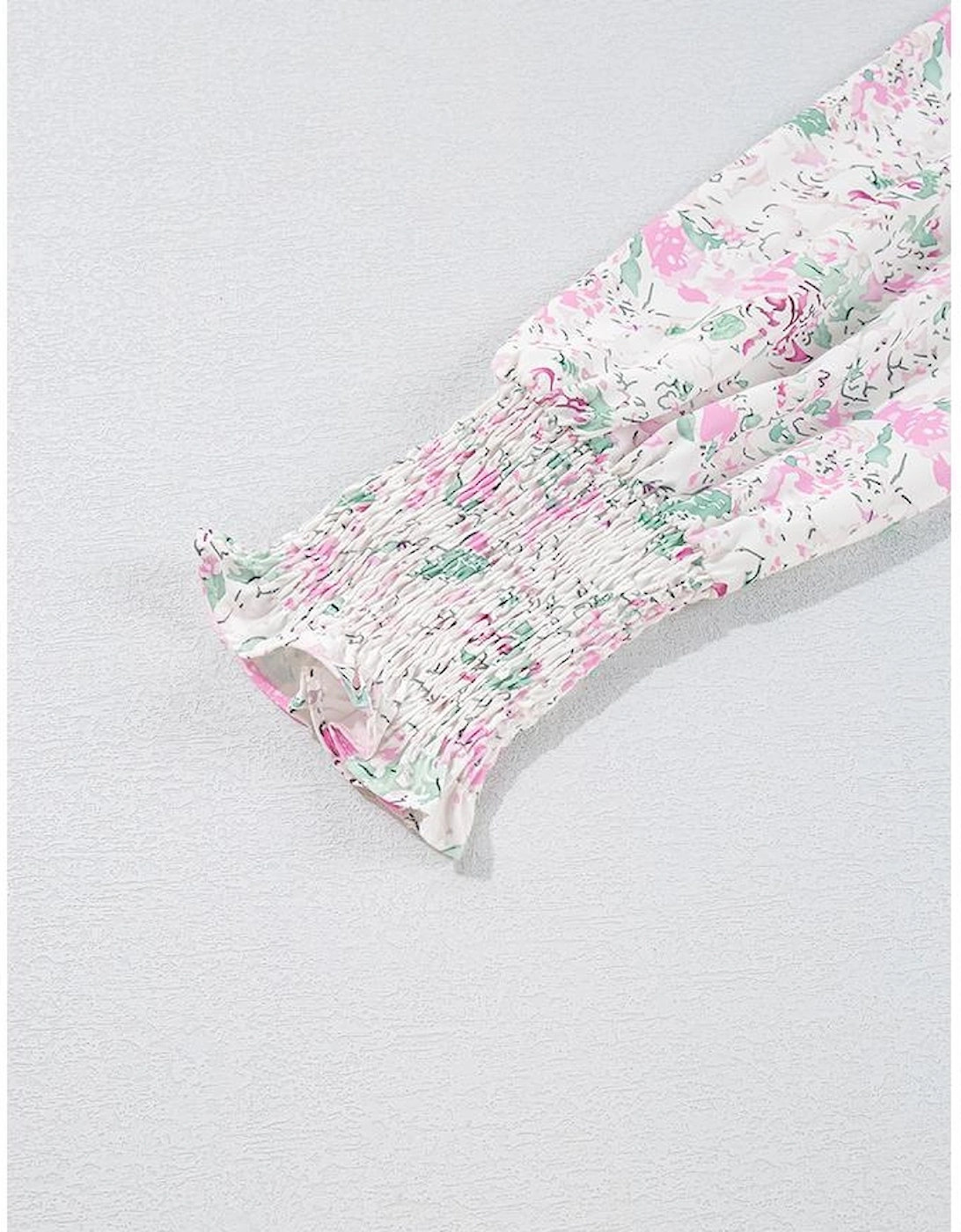 Pink Floral Print Shirred Balloon Sleeve Keyhole Back Babydoll Blouse