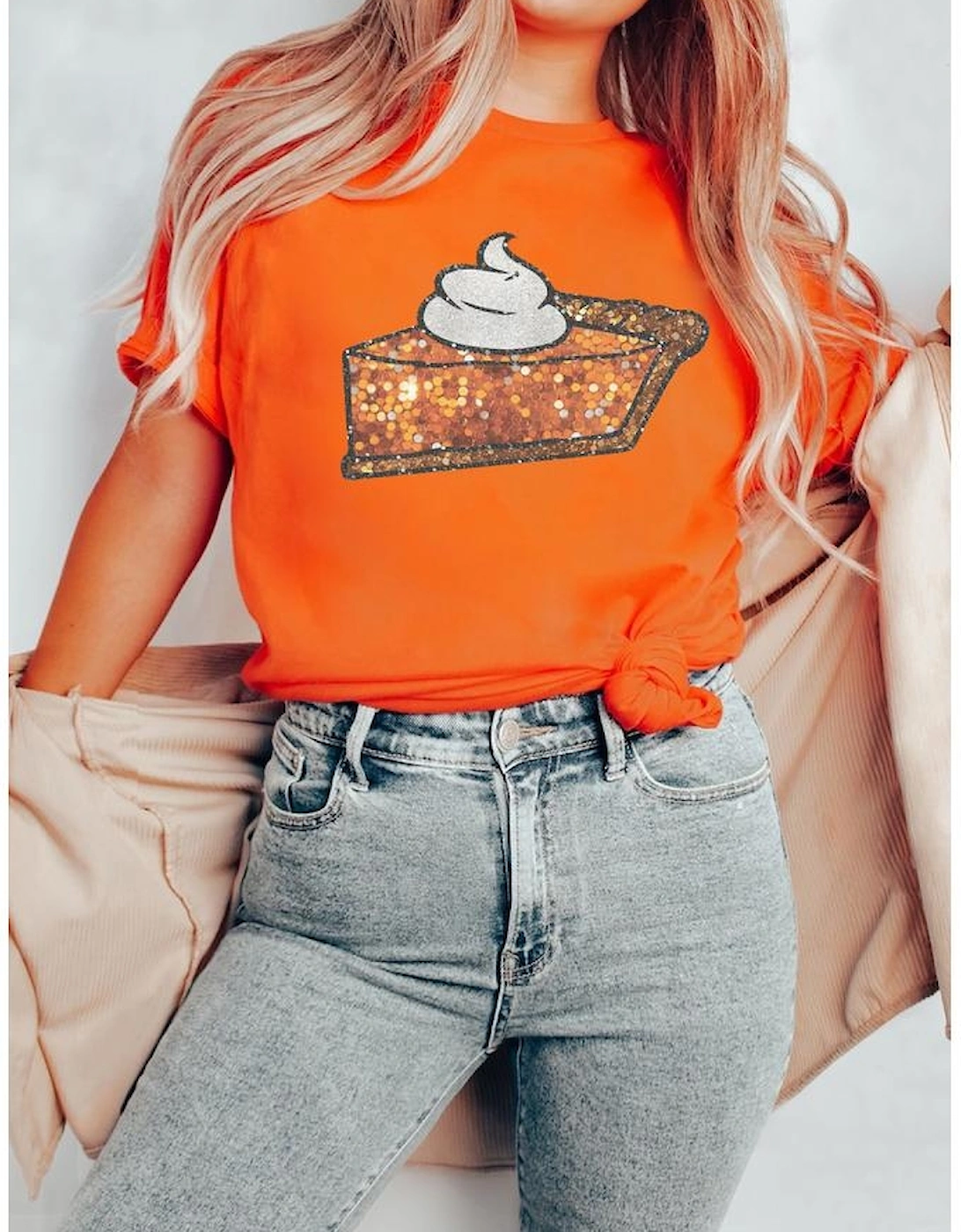 Orange Pumpkin Pie Graphic Cuffed Sleeve Crew Neck Tee, 7 of 6