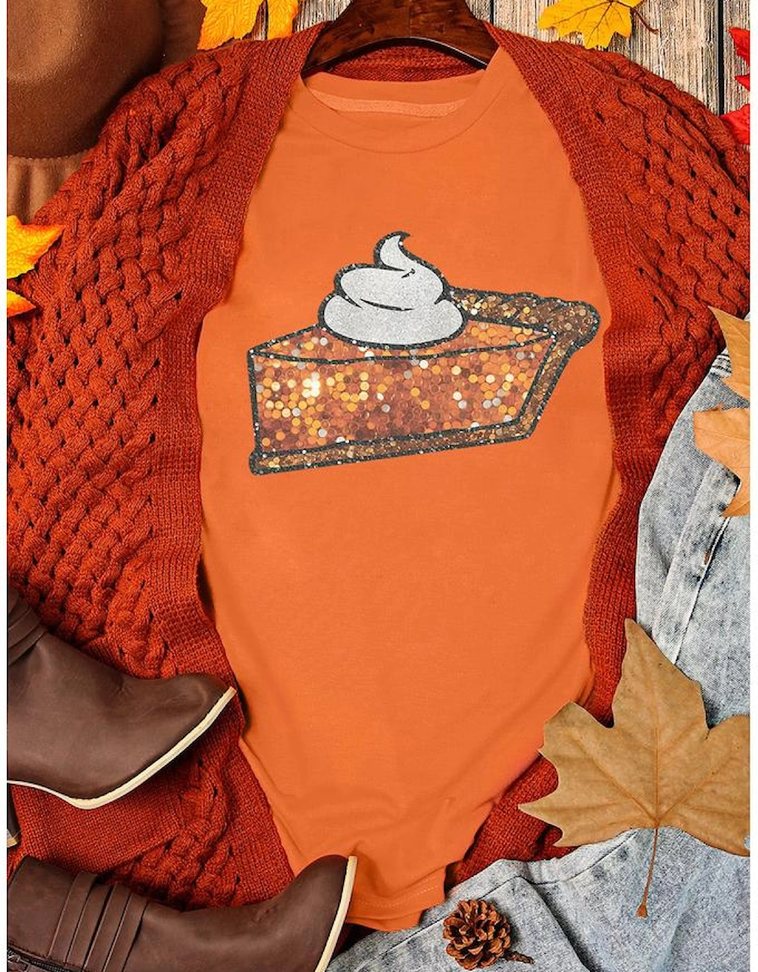 Orange Pumpkin Pie Graphic Cuffed Sleeve Crew Neck Tee