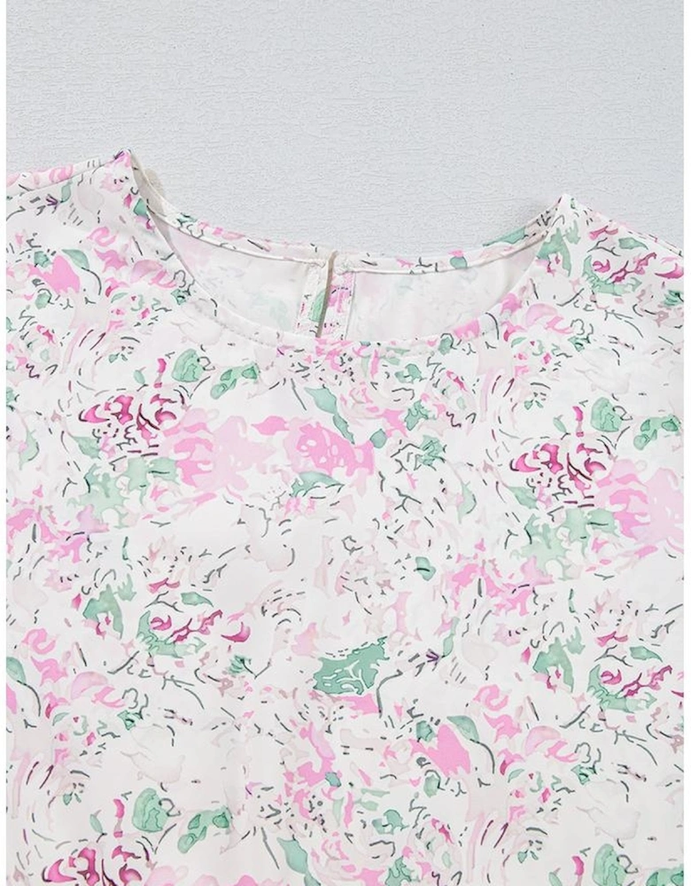 Pink Floral Print Shirred Balloon Sleeve Keyhole Back Babydoll Blouse