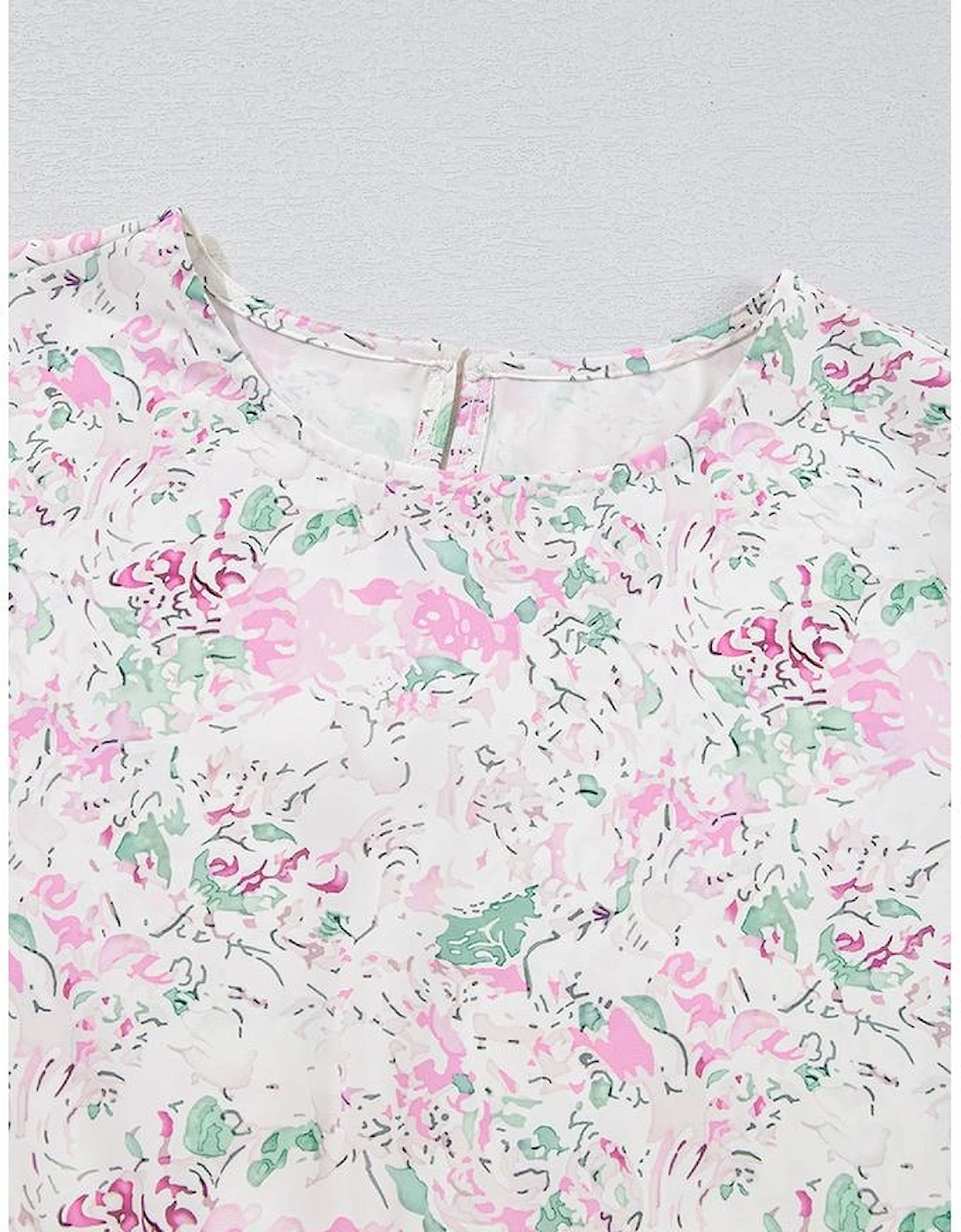 Pink Floral Print Shirred Balloon Sleeve Keyhole Back Babydoll Blouse