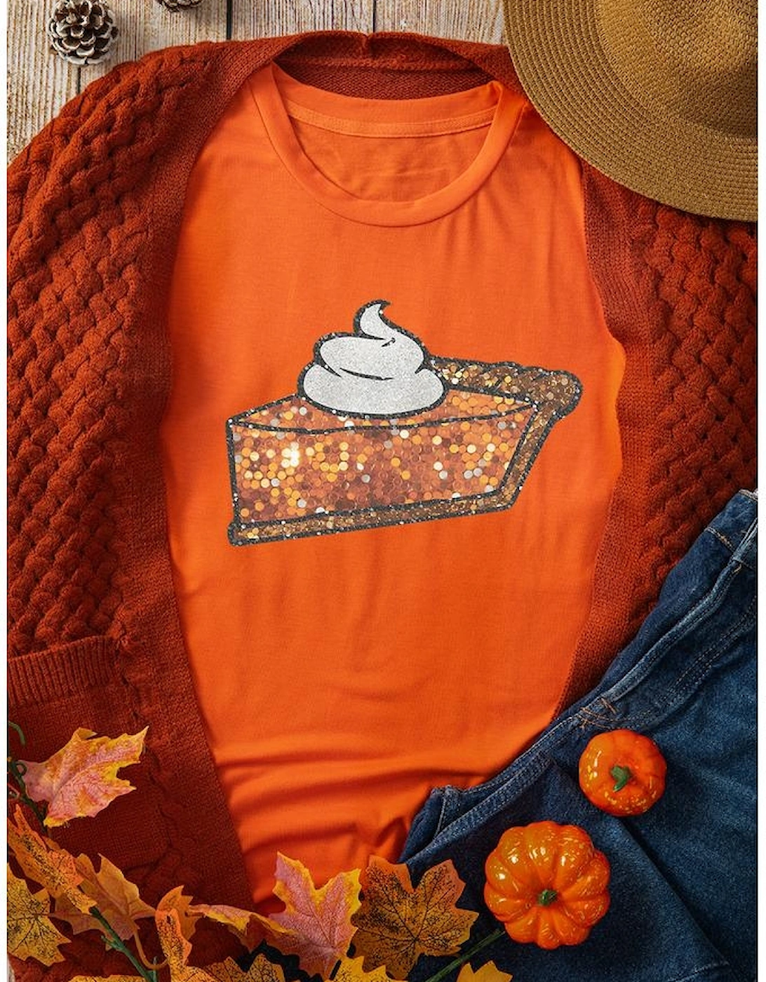 Orange Pumpkin Pie Graphic Cuffed Sleeve Crew Neck Tee