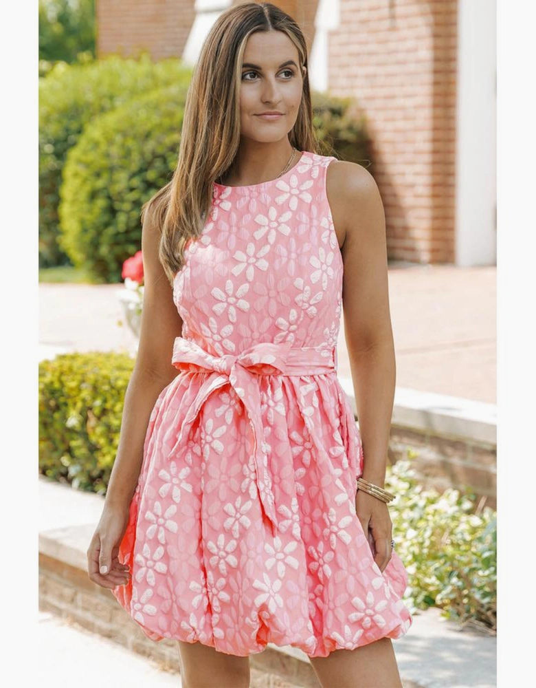 Azura Exchange Jacquard Sleeveless Mini Dress with Waist Tie