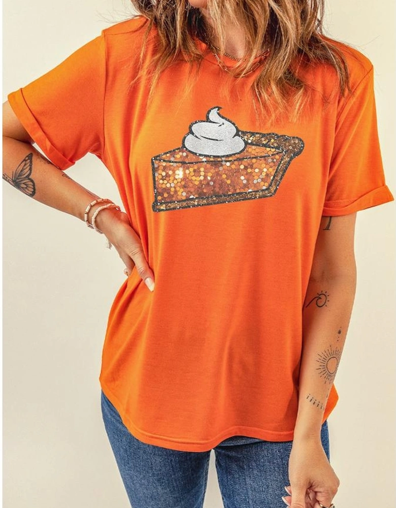 Orange Pumpkin Pie Graphic Cuffed Sleeve Crew Neck Tee