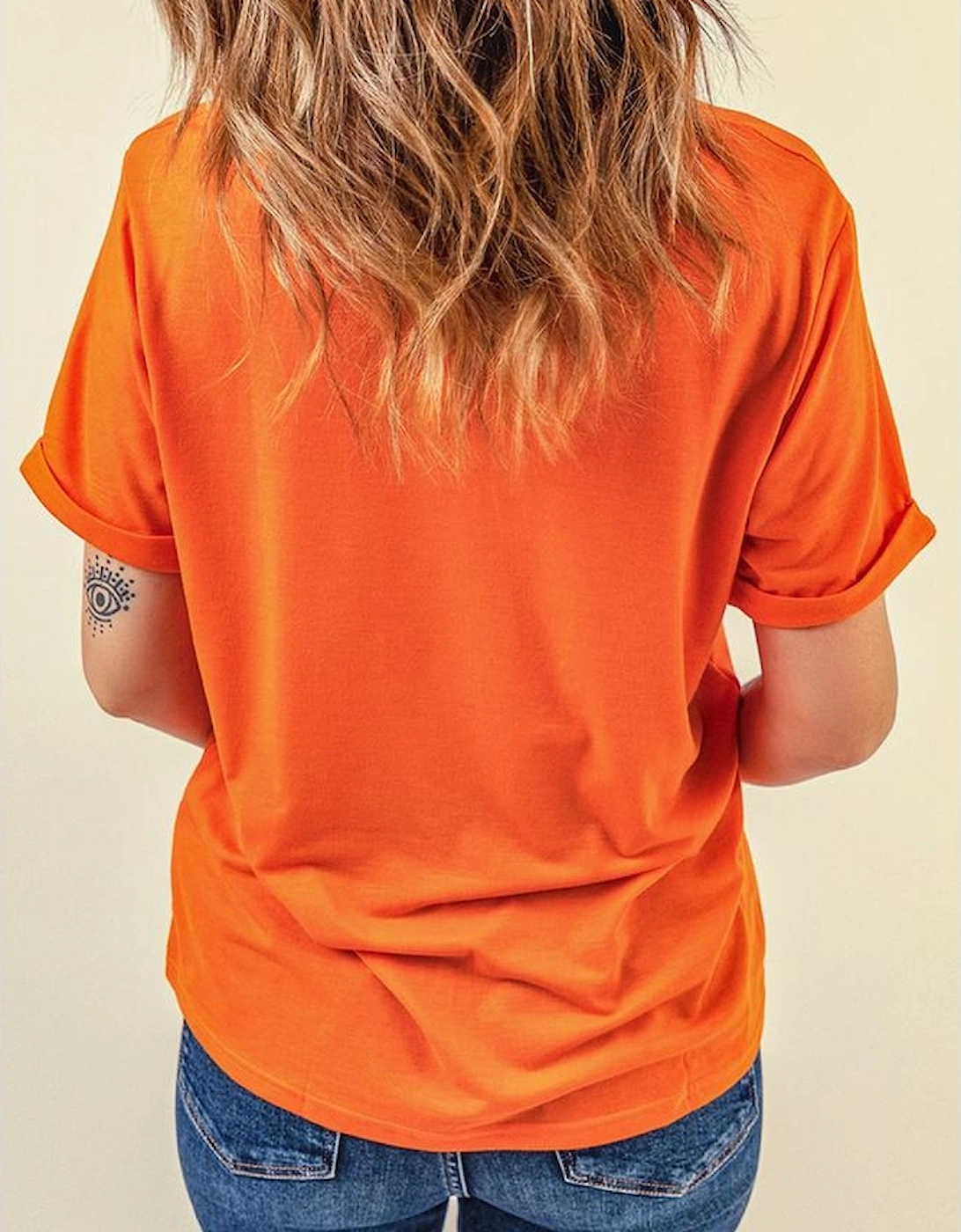 Orange Pumpkin Pie Graphic Cuffed Sleeve Crew Neck Tee
