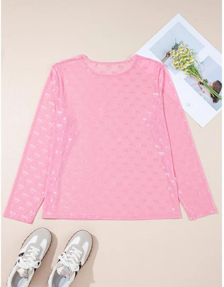 Pink Plus Size Bow Embroidered Mesh Long Sleeve Top