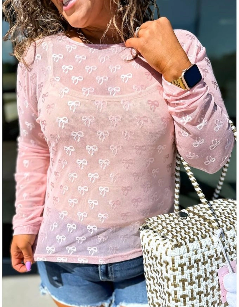 Pink Plus Size Bow Embroidered Mesh Long Sleeve Top