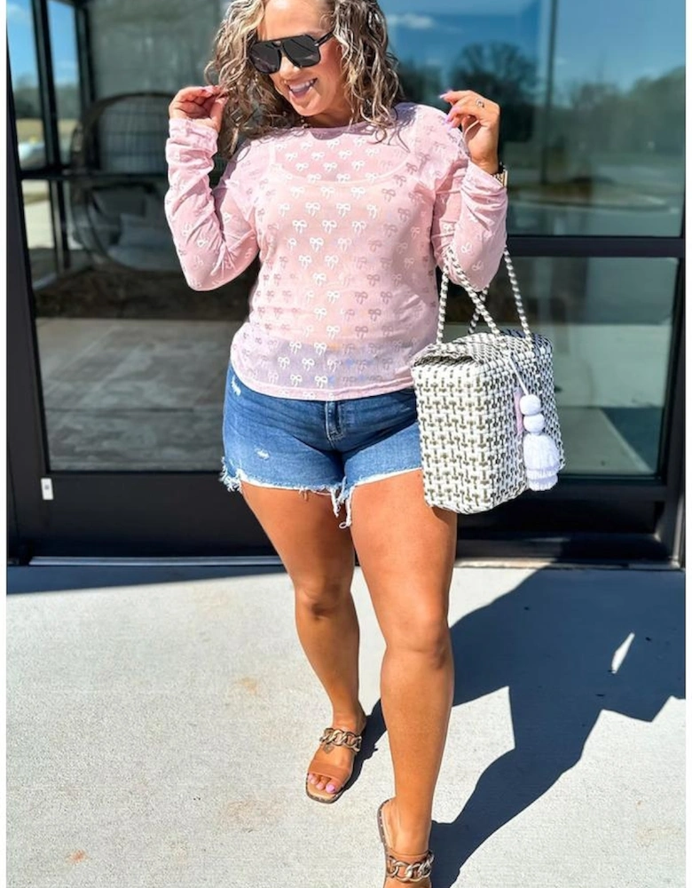 Pink Plus Size Bow Embroidered Mesh Long Sleeve Top