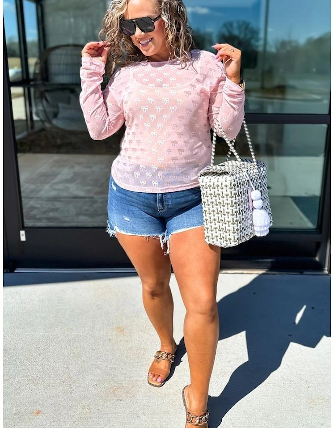 Pink Plus Size Bow Embroidered Mesh Long Sleeve Top