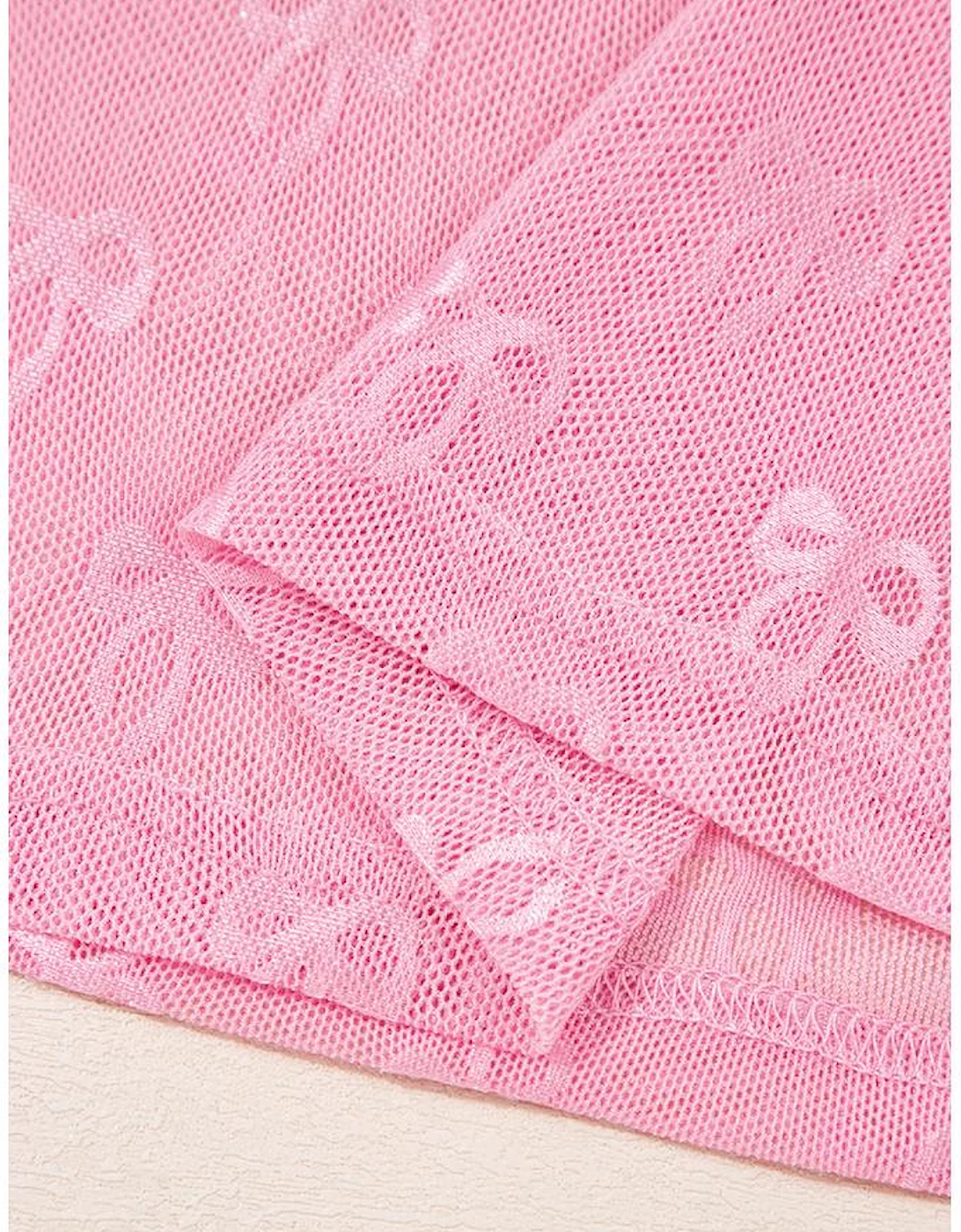 Pink Plus Size Bow Embroidered Mesh Long Sleeve Top