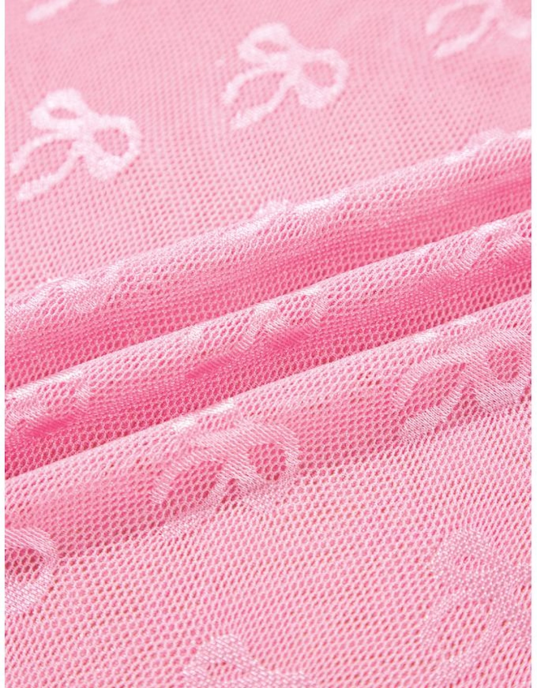 Pink Plus Size Bow Embroidered Mesh Long Sleeve Top