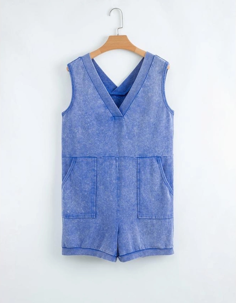Sky Blue Mineral Wash Pocketed Sleeveless V Neck Loose Romper