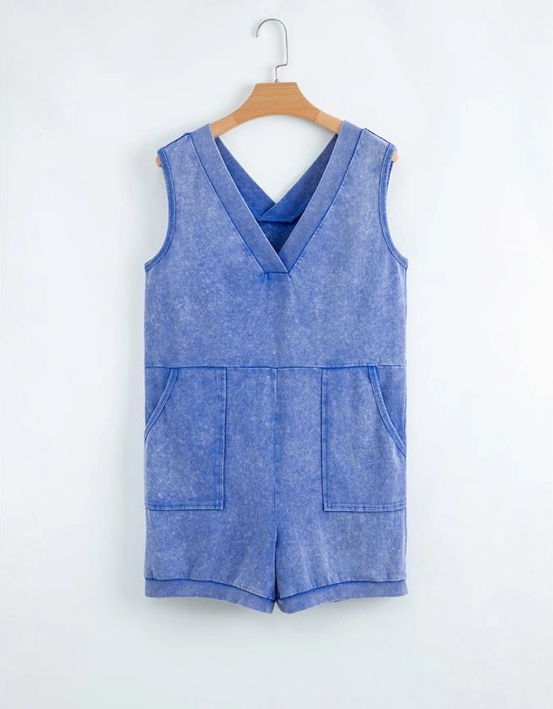 Sky Blue Mineral Wash Pocketed Sleeveless V Neck Loose Romper