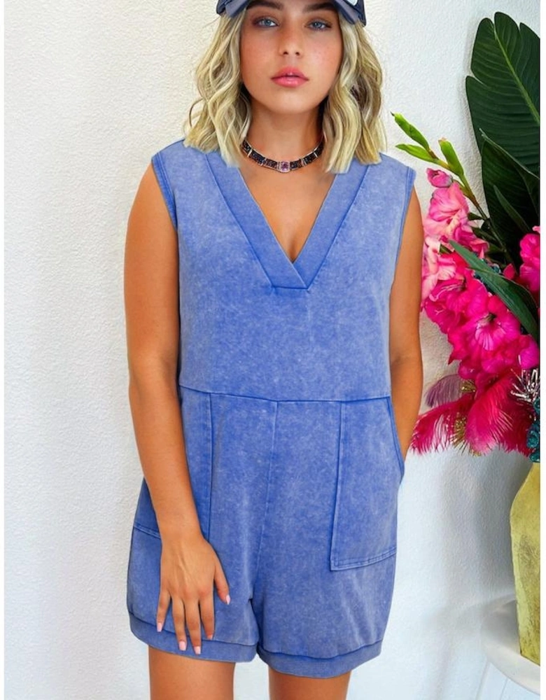 Sky Blue Mineral Wash Pocketed Sleeveless V Neck Loose Romper
