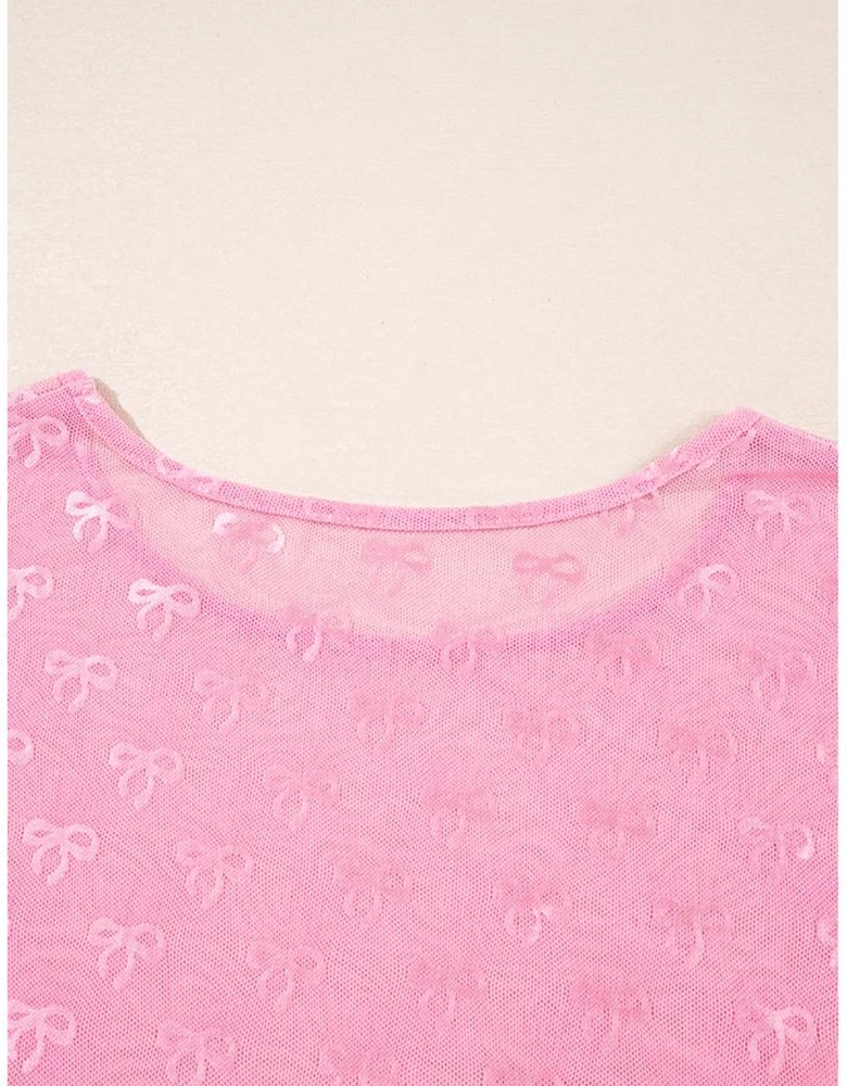 Pink Plus Size Bow Embroidered Mesh Long Sleeve Top
