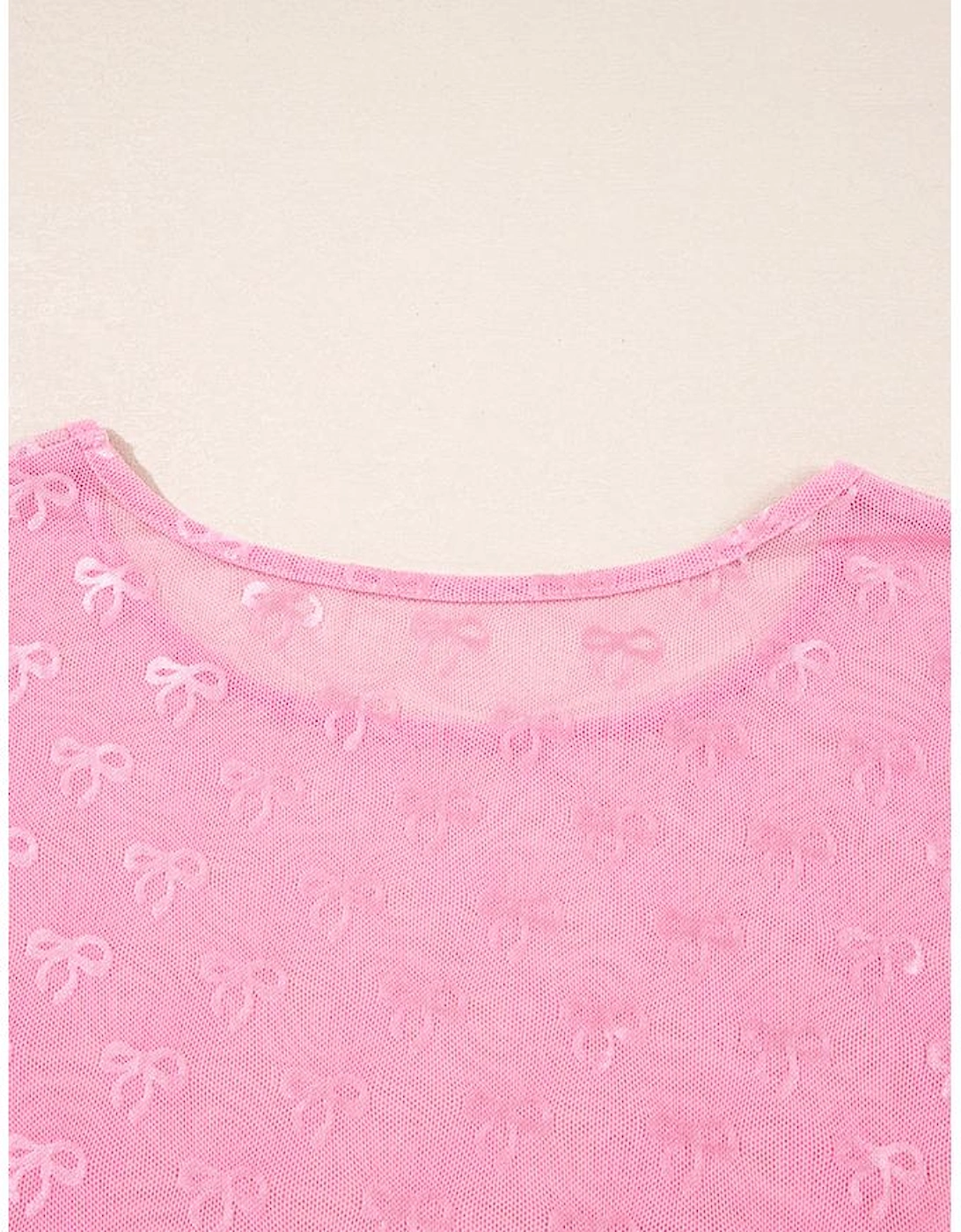 Pink Plus Size Bow Embroidered Mesh Long Sleeve Top