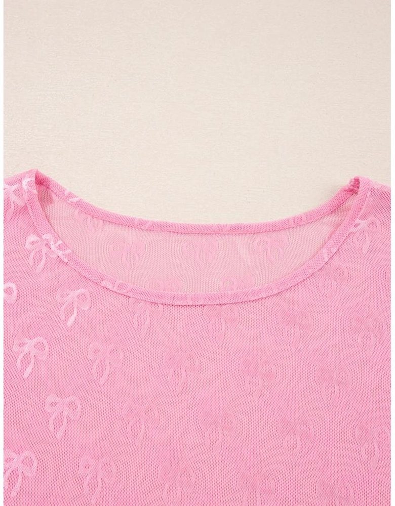 Pink Plus Size Bow Embroidered Mesh Long Sleeve Top