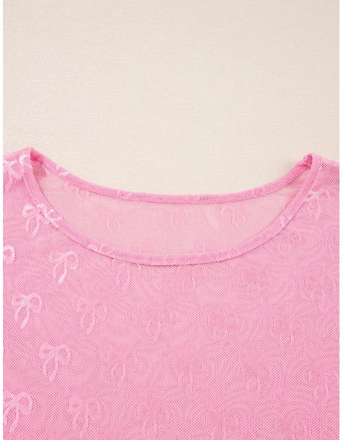 Pink Plus Size Bow Embroidered Mesh Long Sleeve Top
