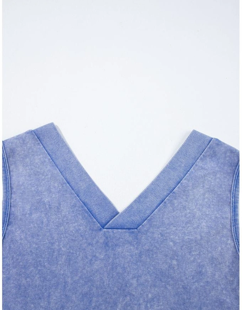 Sky Blue Mineral Wash Pocketed Sleeveless V Neck Loose Romper