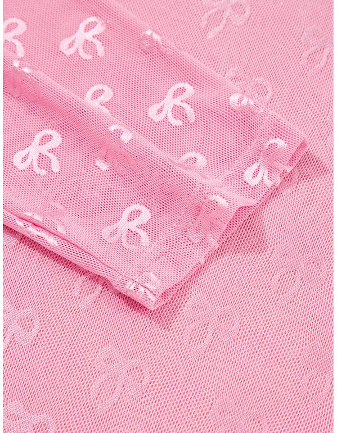 Pink Plus Size Bow Embroidered Mesh Long Sleeve Top