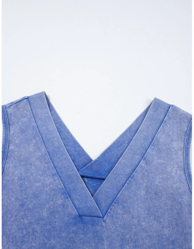 Sky Blue Mineral Wash Pocketed Sleeveless V Neck Loose Romper