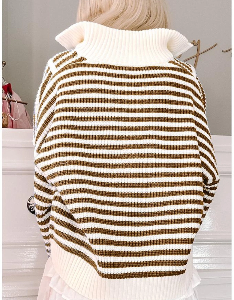 Khaki Stripe Zip up Collar Drop Shoulder Sweater