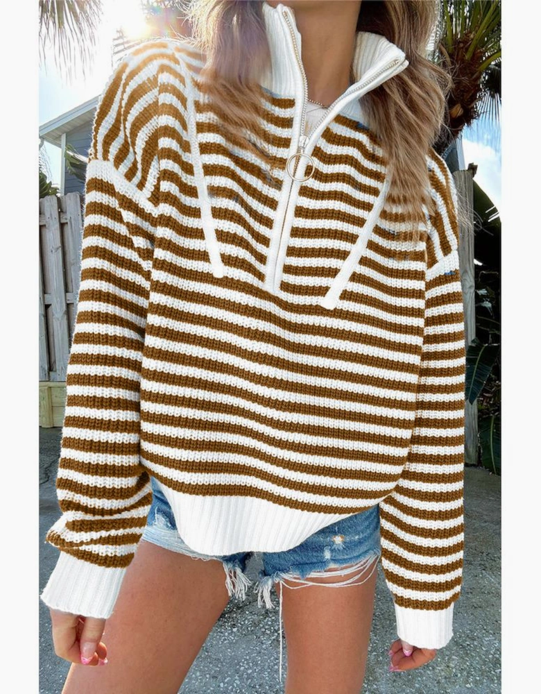 Khaki Stripe Zip up Collar Drop Shoulder Sweater