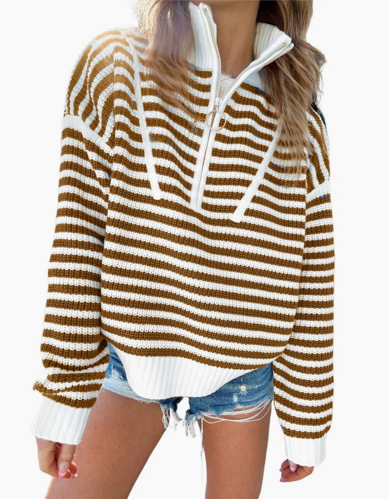 Khaki Stripe Zip up Collar Drop Shoulder Sweater