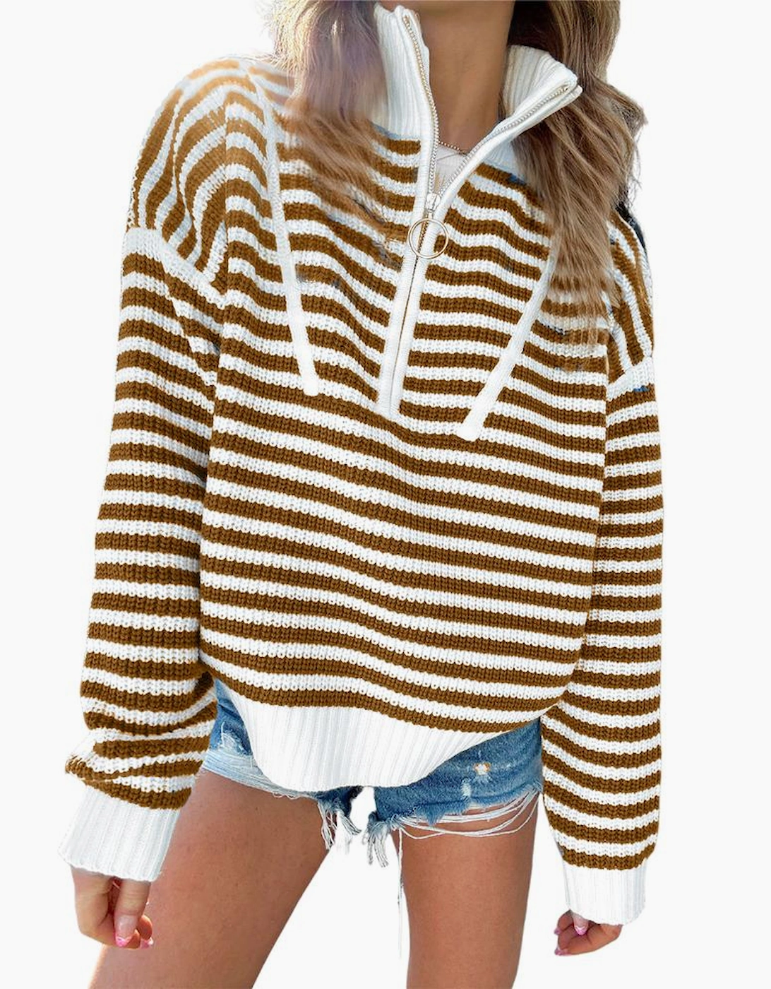 Khaki Stripe Zip up Collar Drop Shoulder Sweater, 4 of 3