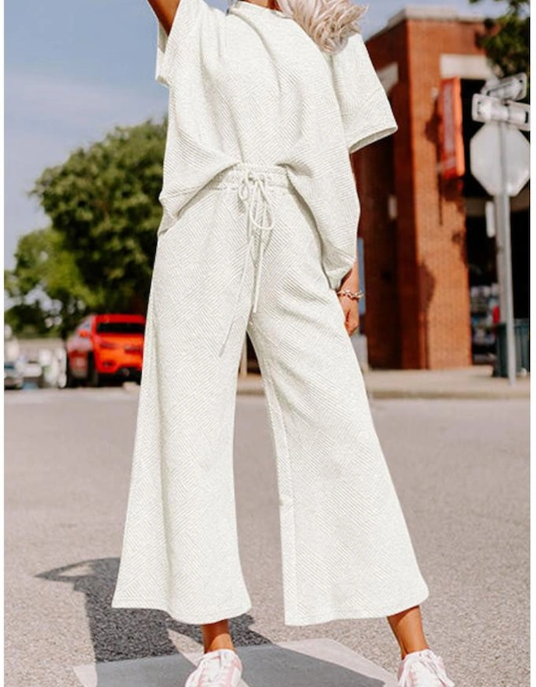 Bright White Textured Loose Fit T Shirt and Drawstring Pants Set