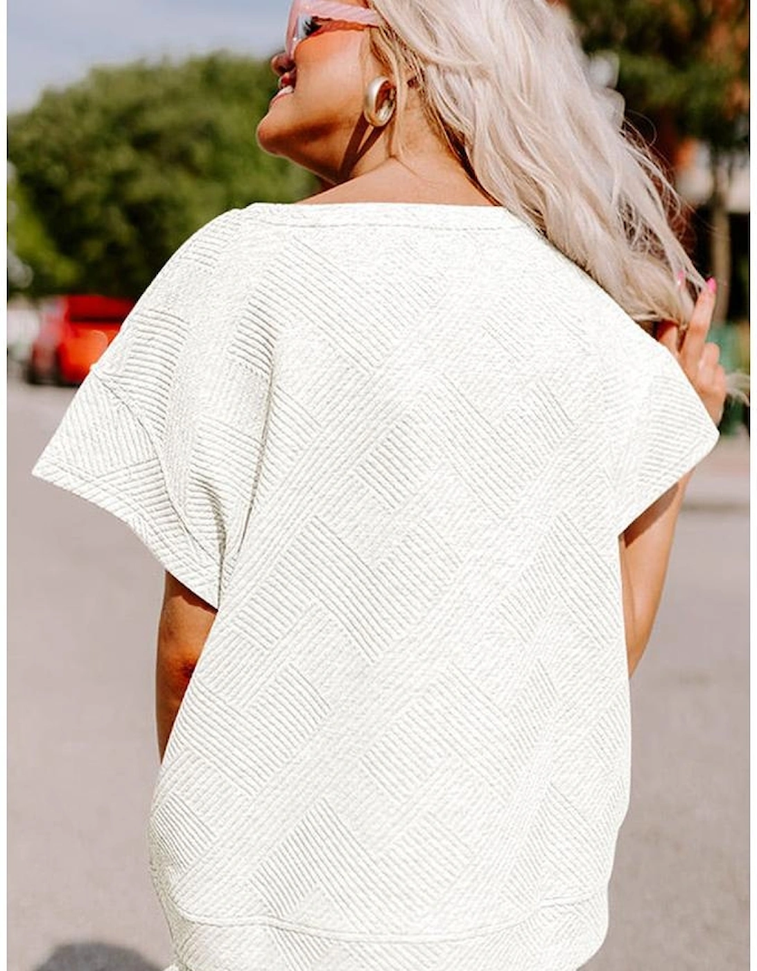 Bright White Textured Loose Fit T Shirt and Drawstring Pants Set