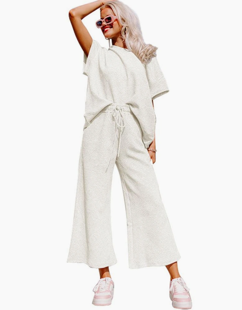 Bright White Textured Loose Fit T Shirt and Drawstring Pants Set