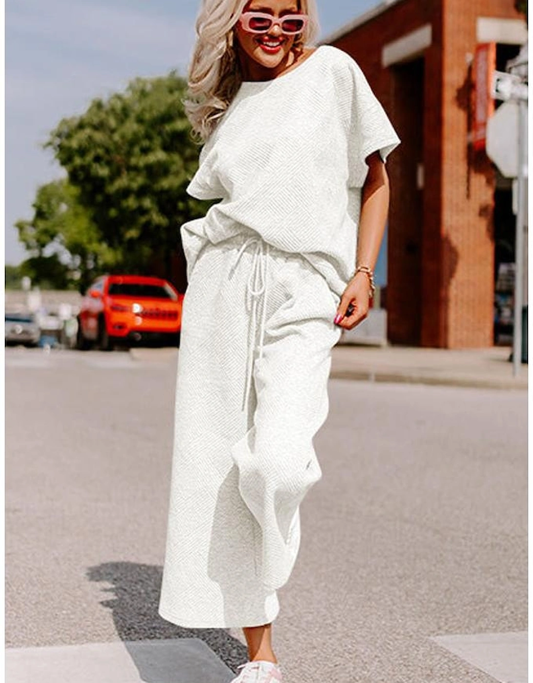 Bright White Textured Loose Fit T Shirt and Drawstring Pants Set