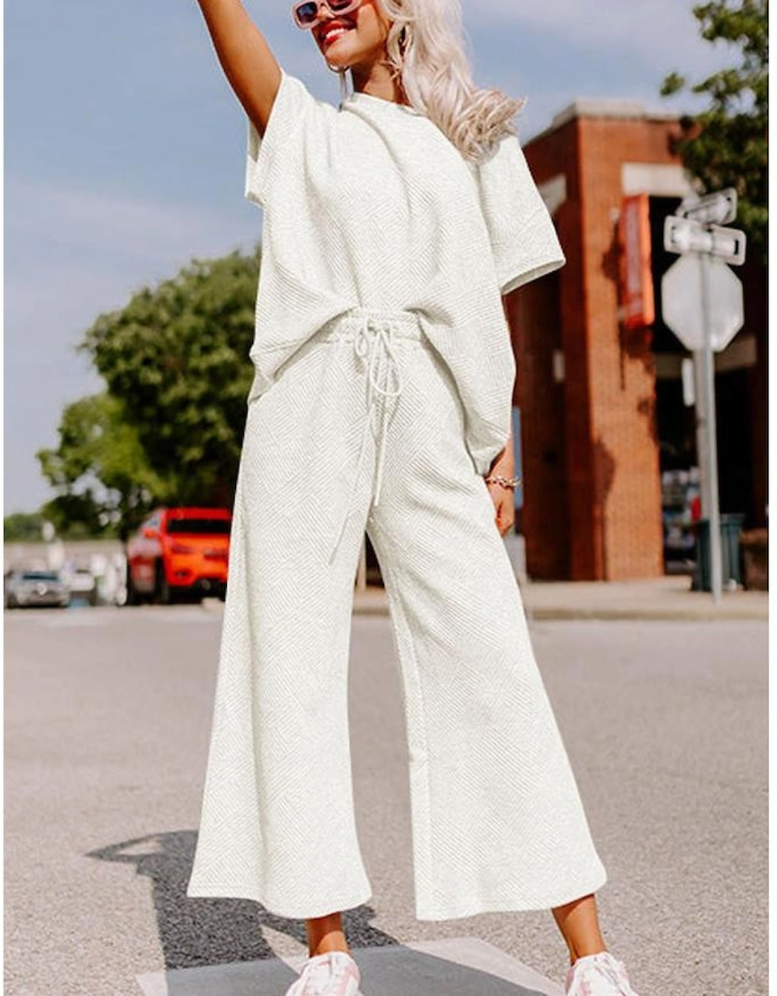 Bright White Textured Loose Fit T Shirt and Drawstring Pants Set