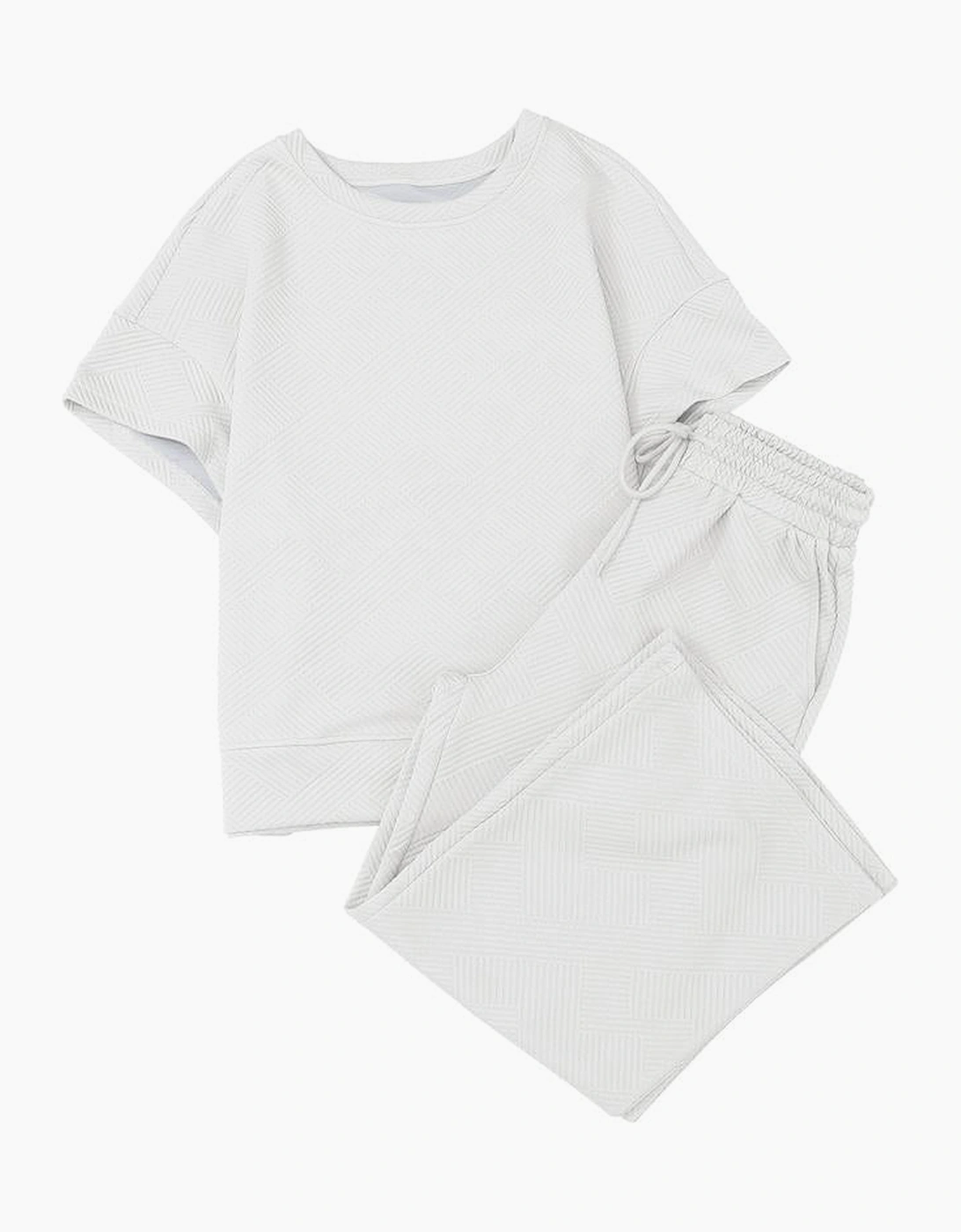 Bright White Textured Loose Fit T Shirt and Drawstring Pants Set