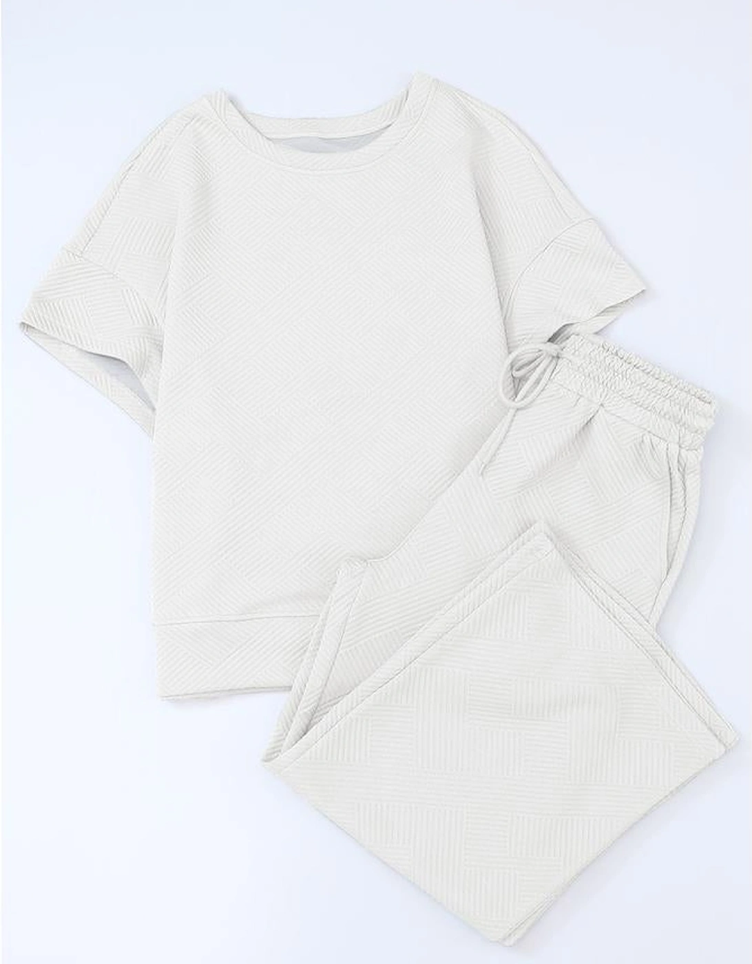 Bright White Textured Loose Fit T Shirt and Drawstring Pants Set