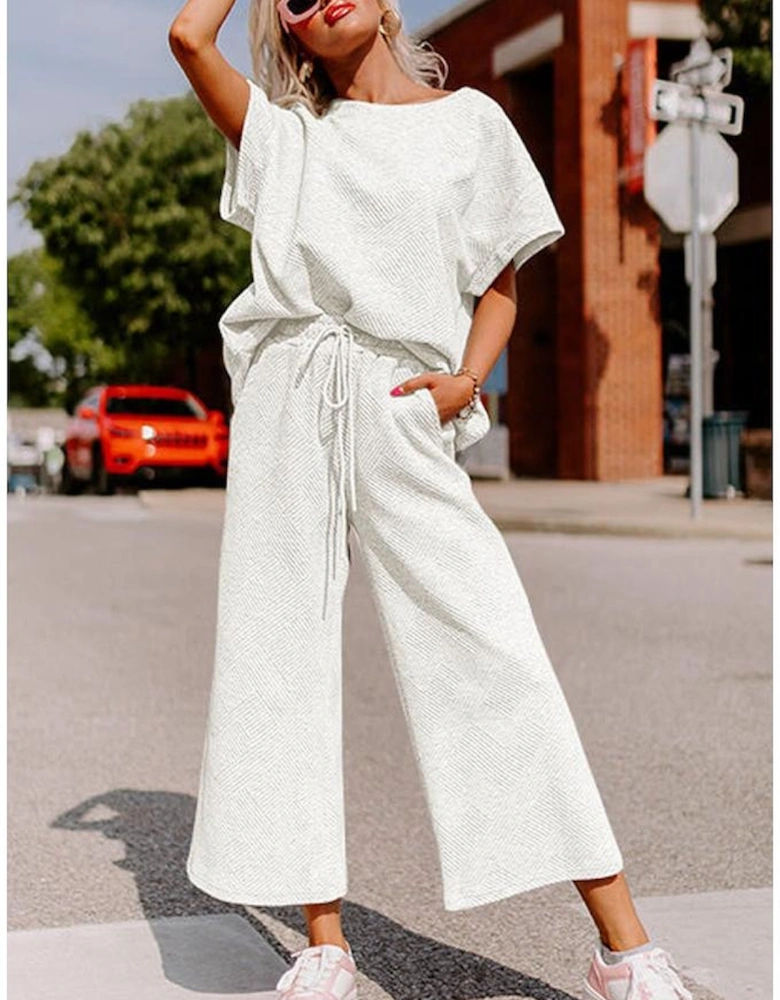 Bright White Textured Loose Fit T Shirt and Drawstring Pants Set