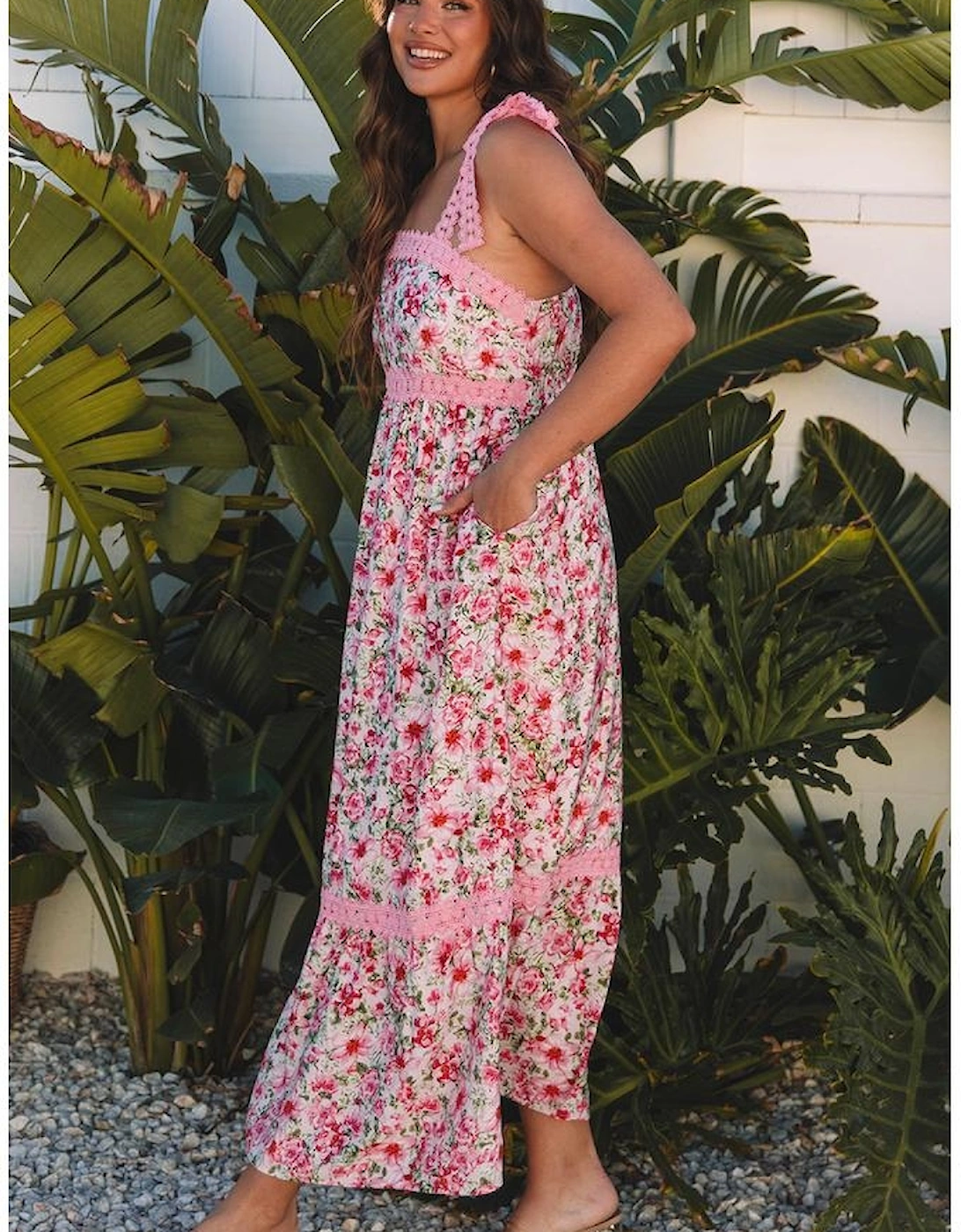 Pink Floral Lace Tied Strap Empire Waist Maxi Dress