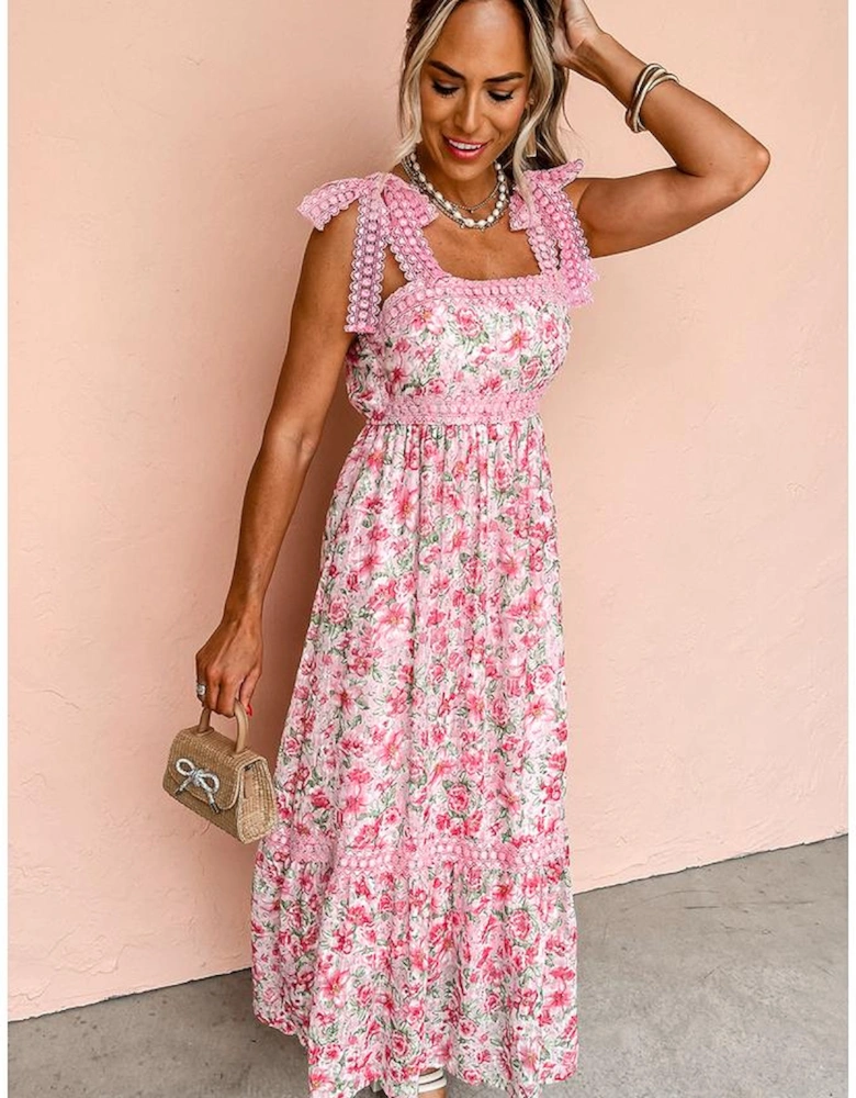 Pink Floral Lace Tied Strap Empire Waist Maxi Dress