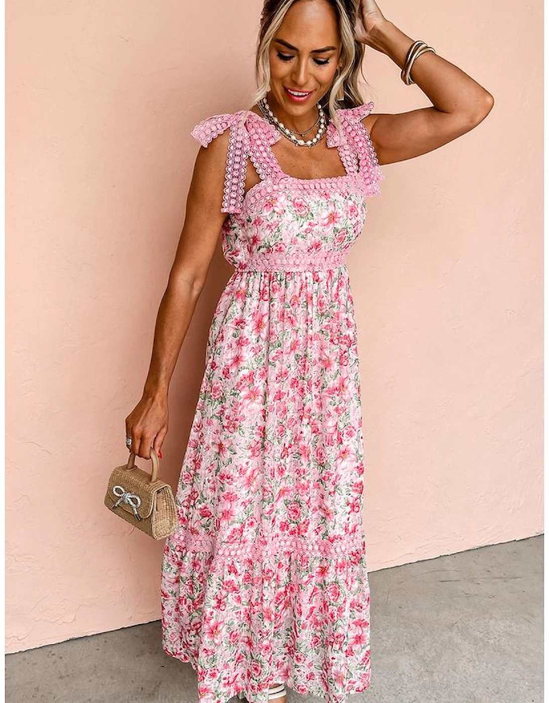 Pink Floral Lace Tied Strap Empire Waist Maxi Dress