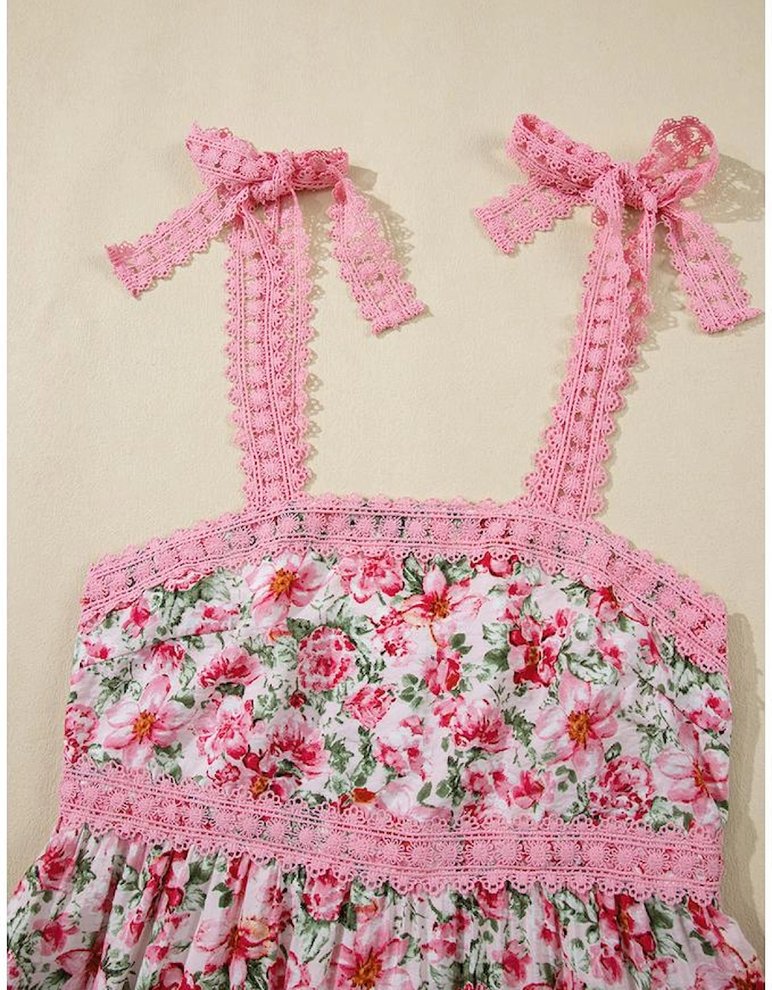 Pink Floral Lace Tied Strap Empire Waist Maxi Dress, 16 of 15