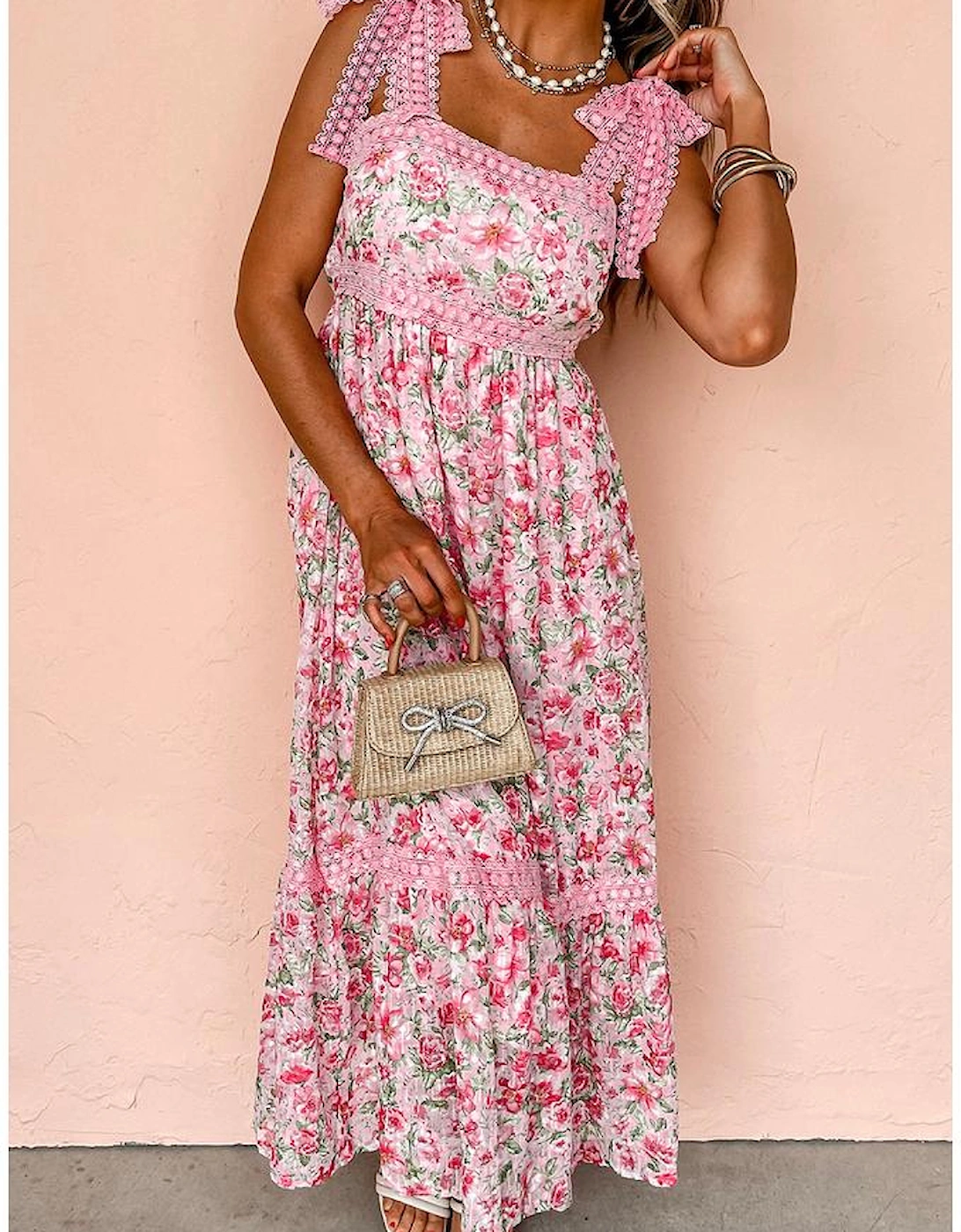 Pink Floral Lace Tied Strap Empire Waist Maxi Dress