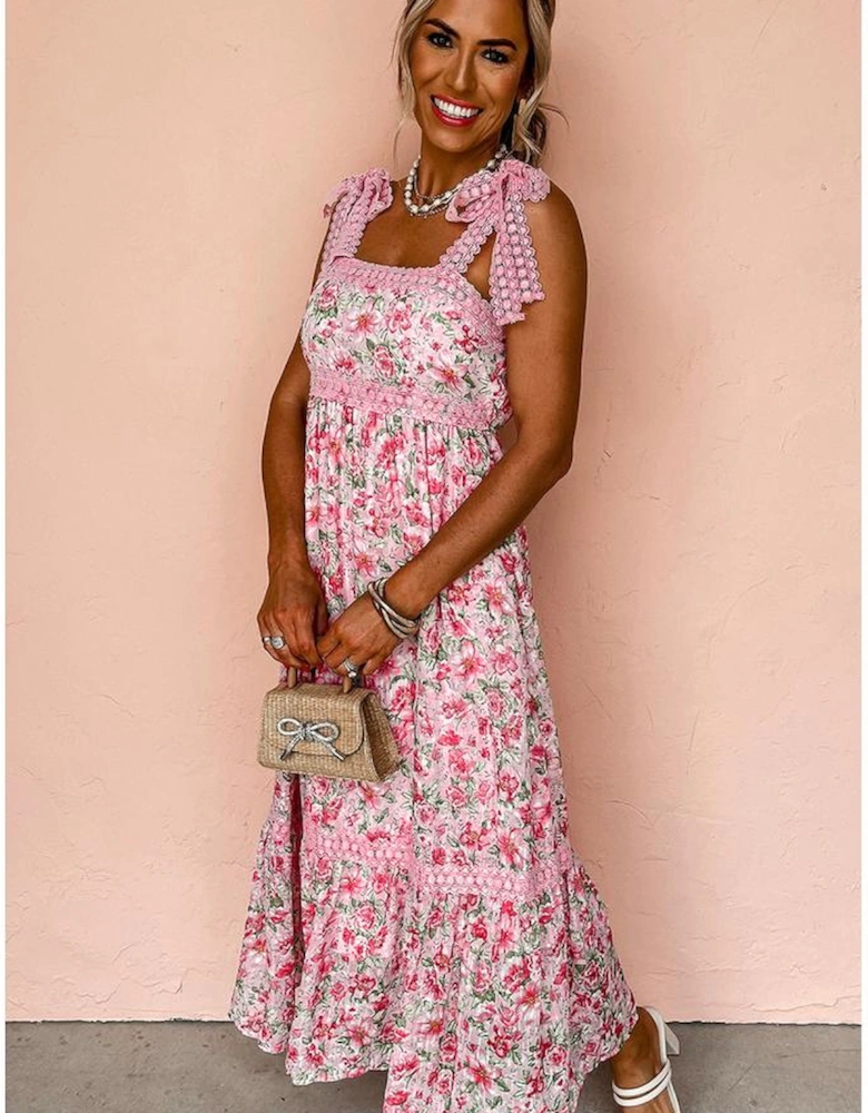 Pink Floral Lace Tied Strap Empire Waist Maxi Dress