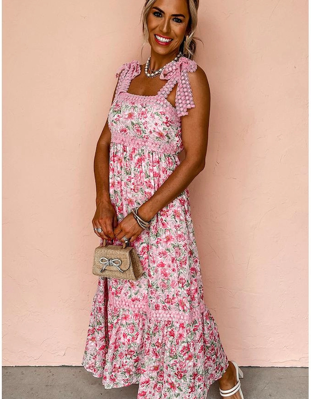 Pink Floral Lace Tied Strap Empire Waist Maxi Dress