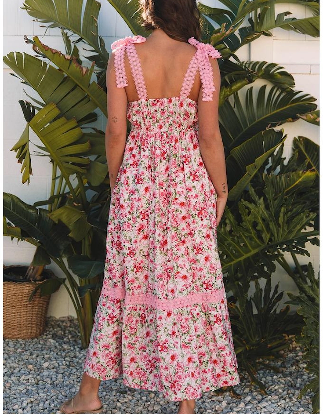 Pink Floral Lace Tied Strap Empire Waist Maxi Dress