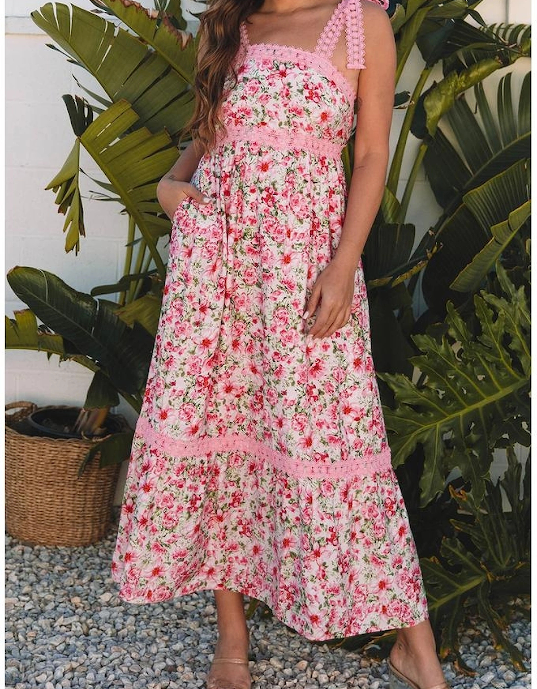 Pink Floral Lace Tied Strap Empire Waist Maxi Dress