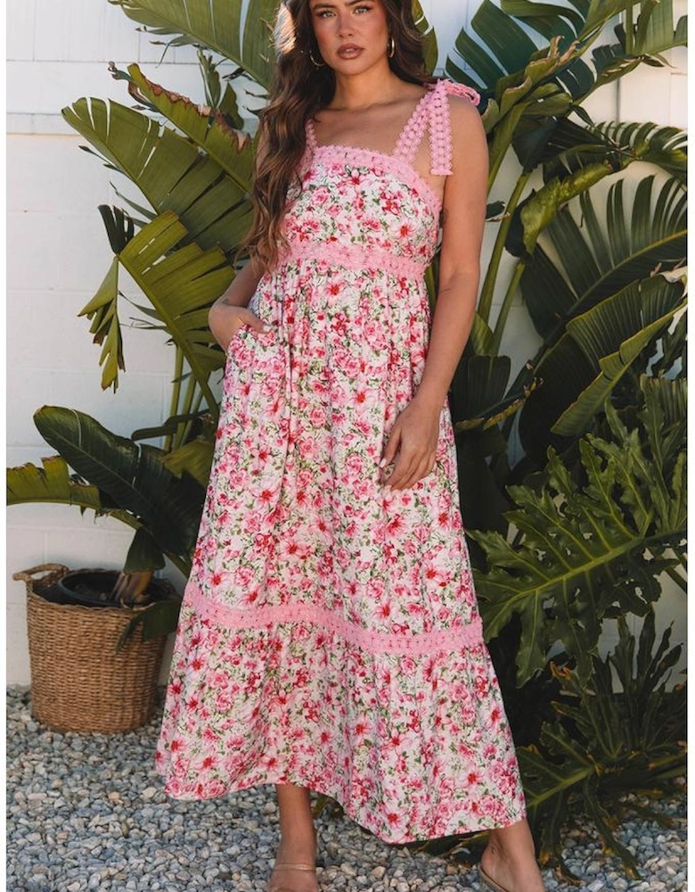 Pink Floral Lace Tied Strap Empire Waist Maxi Dress