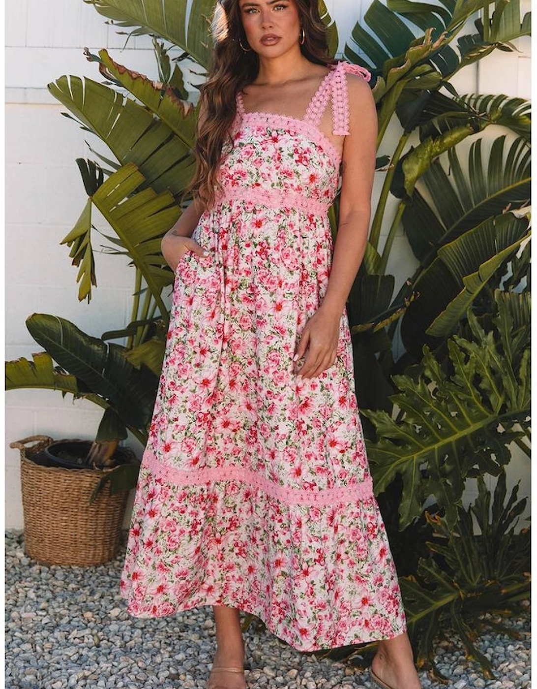 Pink Floral Lace Tied Strap Empire Waist Maxi Dress