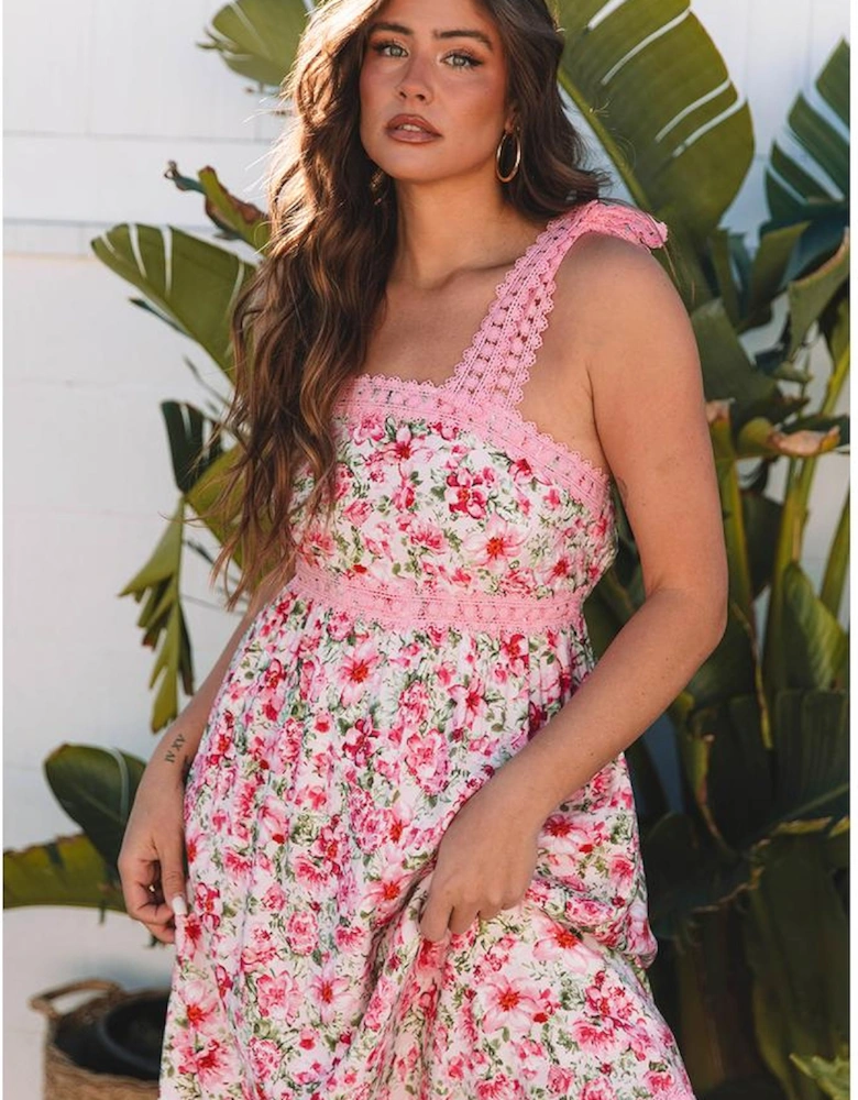 Pink Floral Lace Tied Strap Empire Waist Maxi Dress