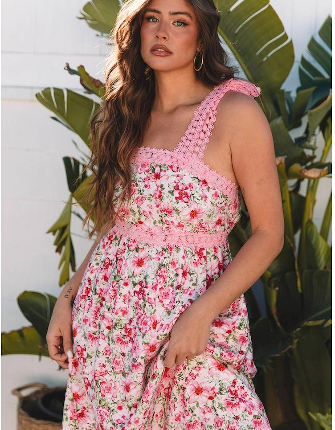 Pink Floral Lace Tied Strap Empire Waist Maxi Dress